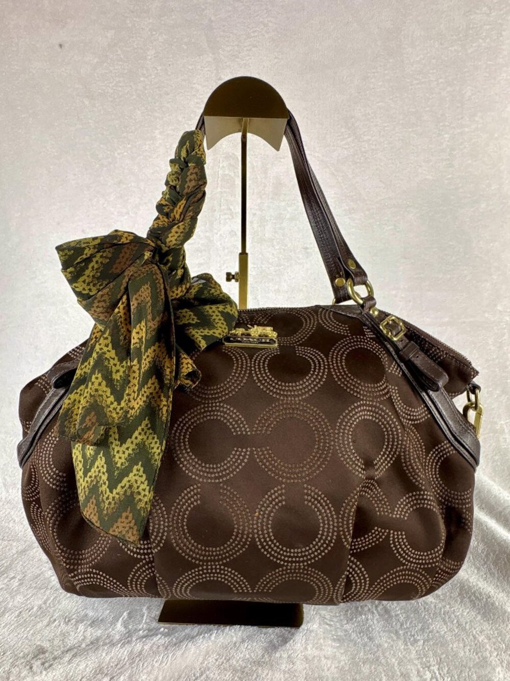 Coach Madison Dotted Op Art Sophia Satchel in Brown Sateen with Scarf